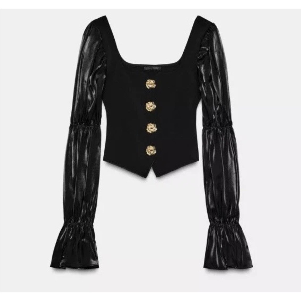Zara Black Puff-Sleeve Button-Front Blouse - Picture 4 of 9